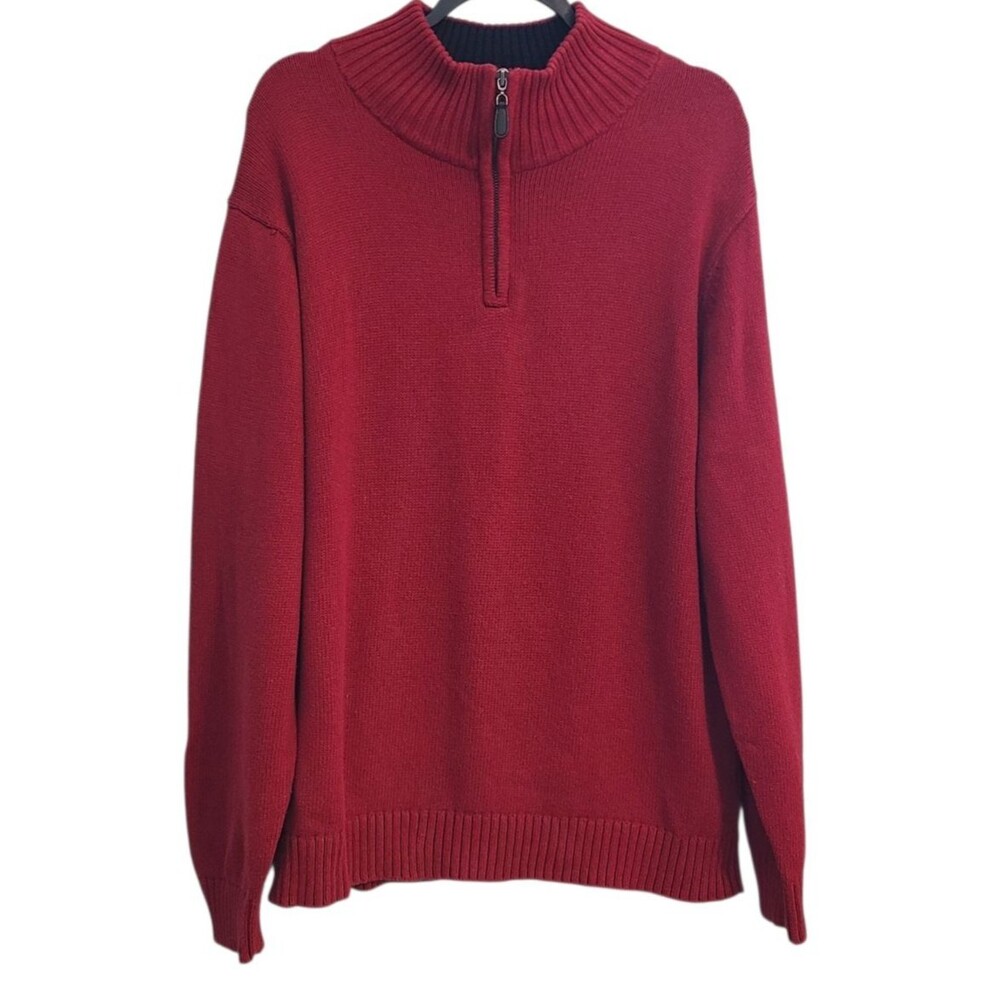 LL Bean Sweater Mens XL Red Ribbed Knit Quarter Zip Heavy 100% Cotton Grandpa